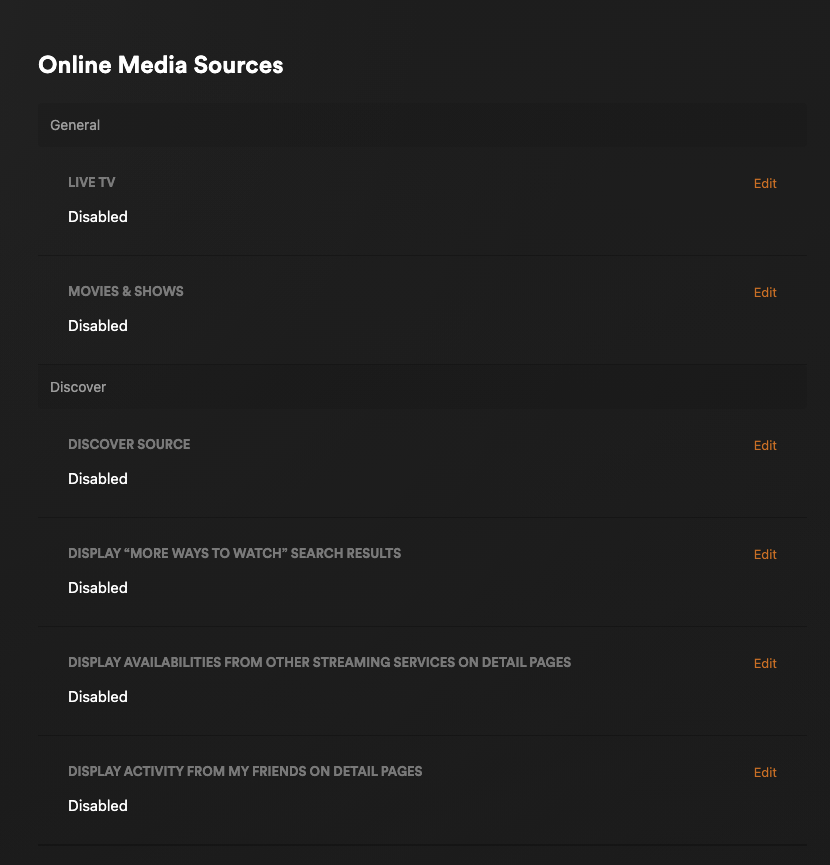 All Plex Online Media Sources options set to Disabled